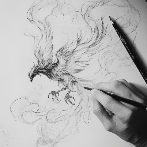 Intricate Phoenix Drawing in Progress