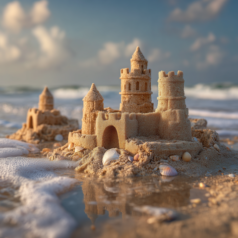 Intricate Sand Castles Along the Shore