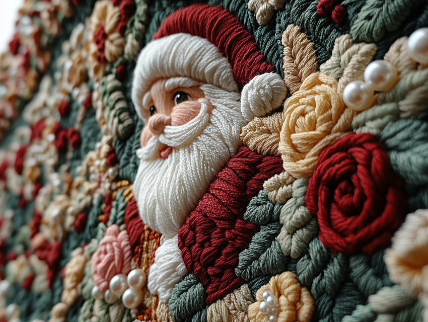 Intricate Yarn Santa with Floral Details