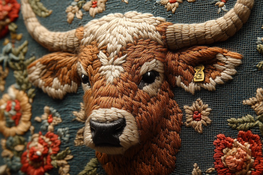 Intricately Embroidered Bull Head with Floral Accents