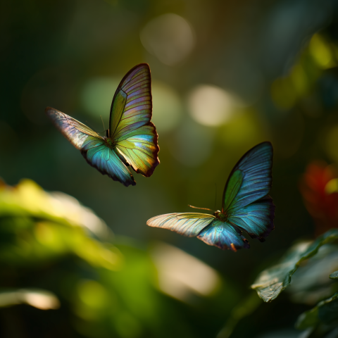 Iridescent Butterflies Flying in Sunlight