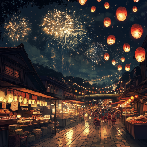 Japanese Festival Market with Fireworks