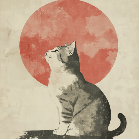 Japanese-Inspired Cat Illustration with Sun
