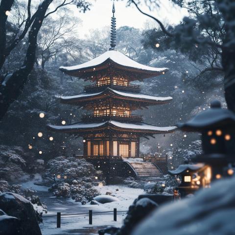 Japanese Pagoda Glowing in Snowy Forest