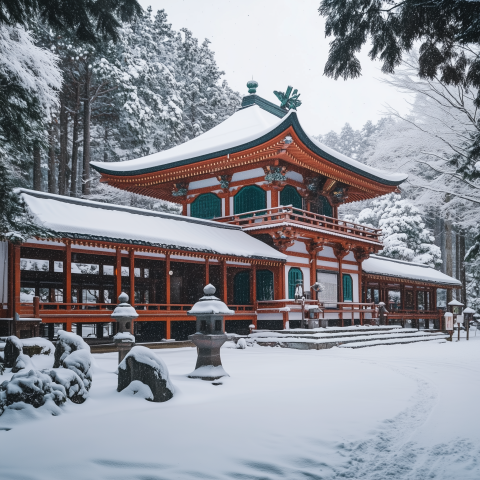 Japanese Temple in Snow-Covered Forest