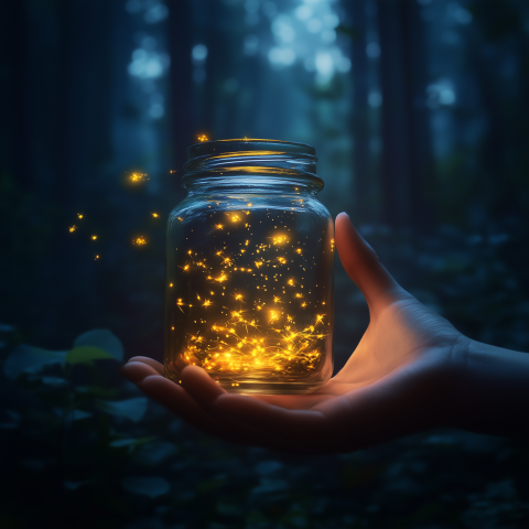 Jar of Glowing Fireflies Held in Forest