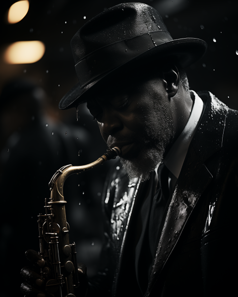Jazz Musician Playing Saxophone in the Rain