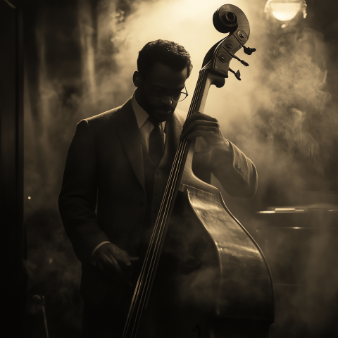 Jazz Musician Playing Upright Bass in Smoky Club