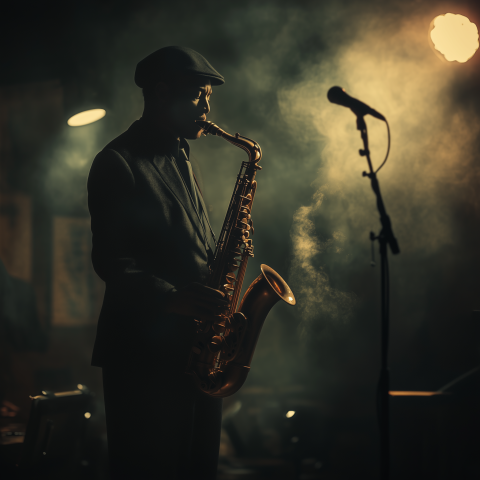 Jazz Saxophonist in Smoky Spotlight