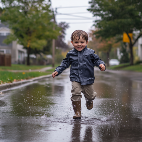 Joyful Child Splashing in Rainy Street