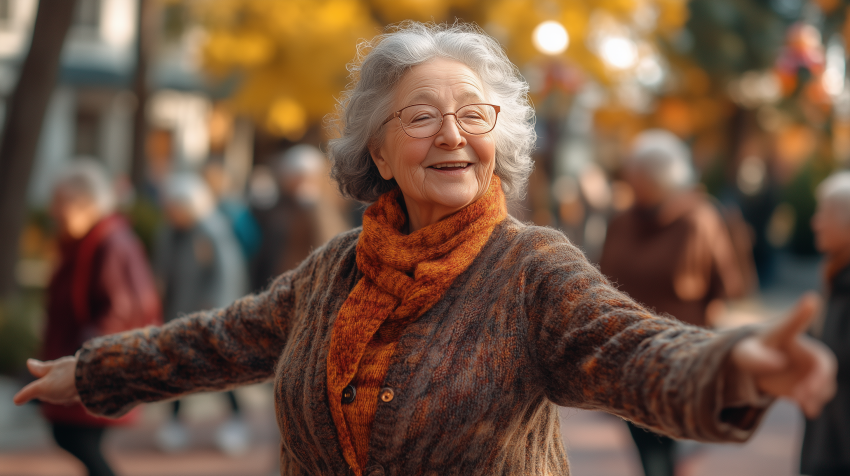 Joyful Elderly Woman Enjoying Outdoor Walk