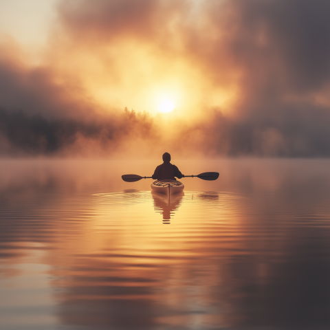Kayaker on Misty Lake at Sunrise