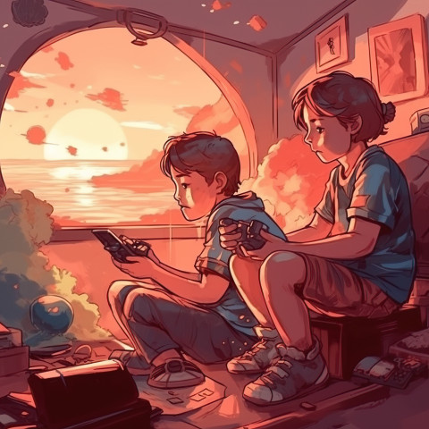 Kids playing a video game
