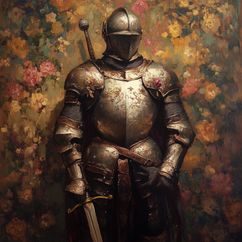 Knight in Ornate Armor with Floral Backdrop