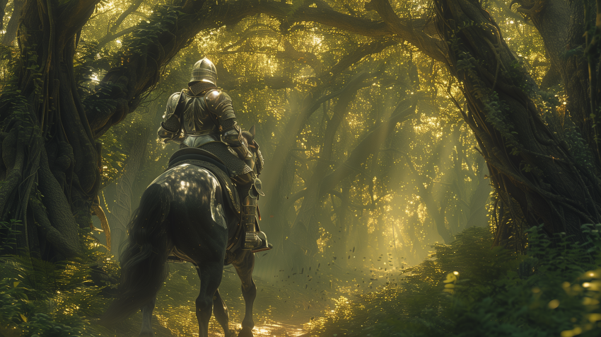 Knight Riding Horse Through Enchanted Forest