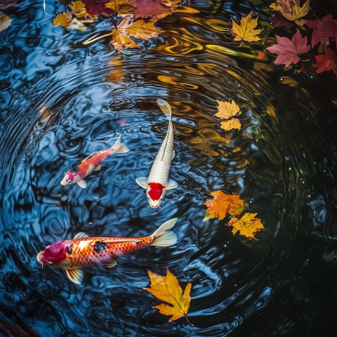 Koi Fish and Autumn Leaves in Pond