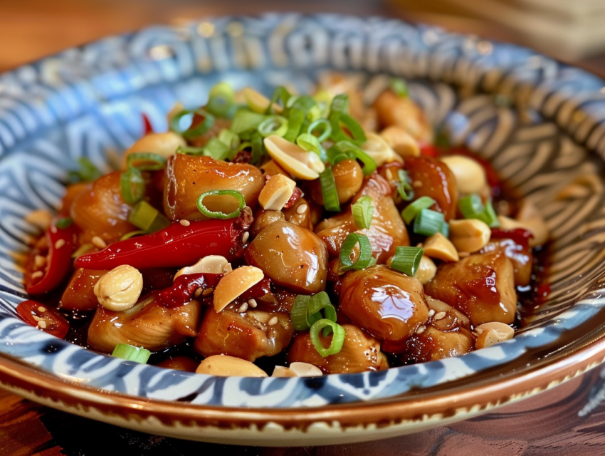 Kung Pao chicken garnished with peanuts and spring onions