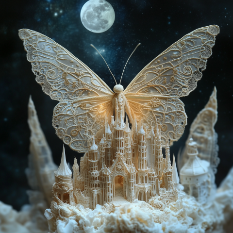 Lace Butterfly Hovering Above Fantasy Castle
