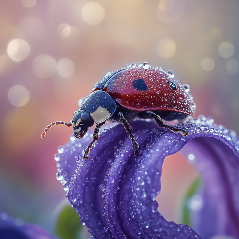 Ladybug on Dewy Purple Flower Petal