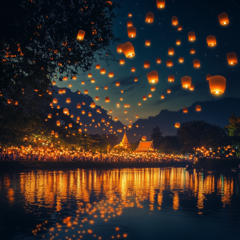 Lantern Festival by the River at Night