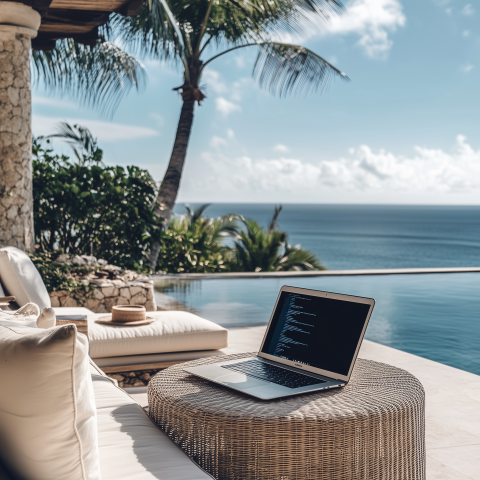 Laptop by Poolside With Ocean View