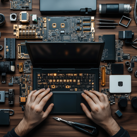 Laptop Repair with Computer Parts Spread Out