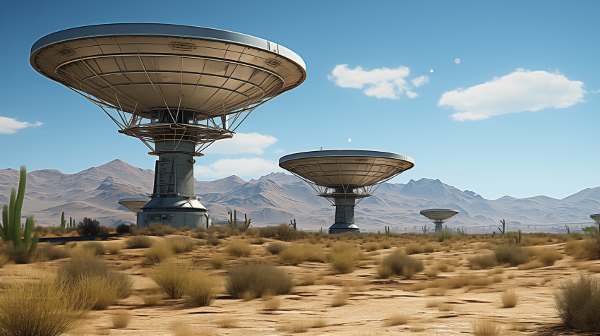 Large Radio Satellites in Desert Landscape