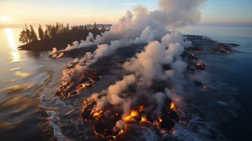Lava Flow Meets the Ocean at Sunset