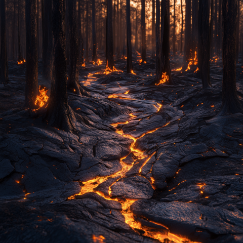 Lava Flowing Through Burning Forest