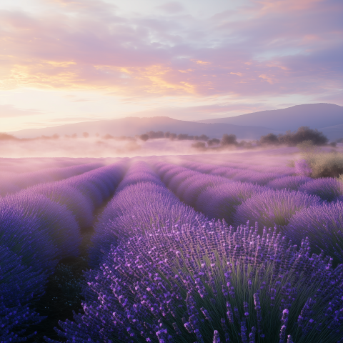 Lavender Field at Sunrise with Mist