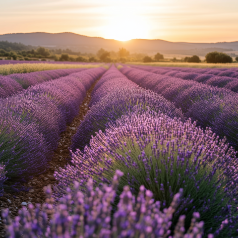 Lavender Fields in Bloom at Sunset
