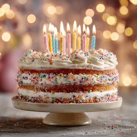 Layered Birthday Cake with Candles and Sprinkles