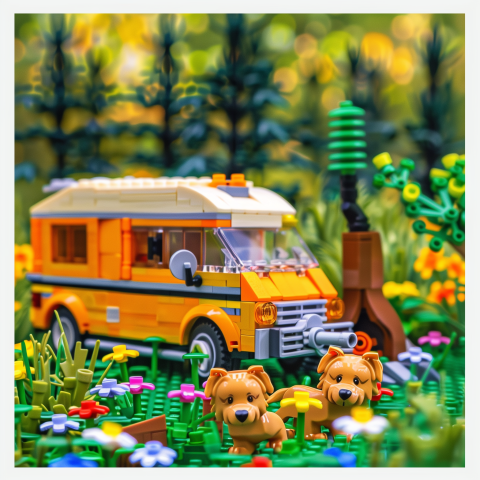Brick Camper Van with Puppies in Meadow
