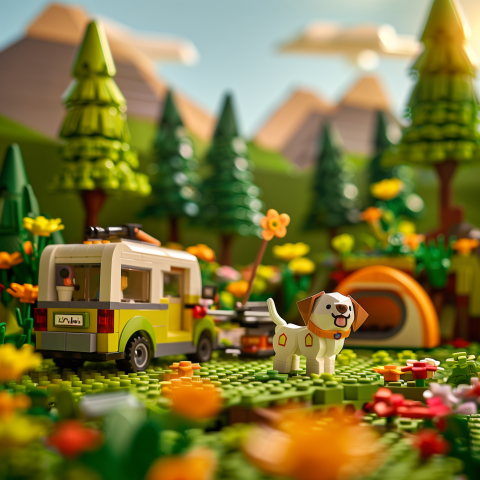 Brick Camping Scene with Dog in Forest