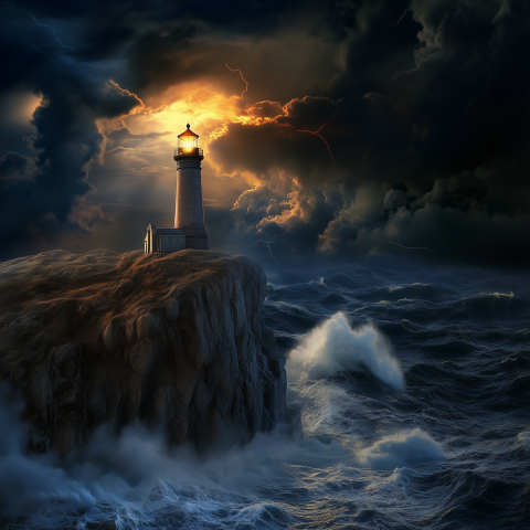 Lighthouse in Storm Lighting Up the Sky