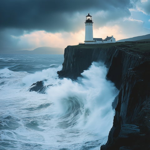 Lighthouse on Cliff During Stormy Seas