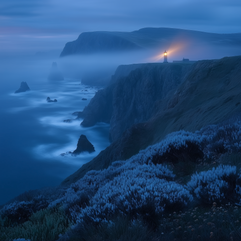 Lighthouse on Misty Coastal Cliff at Dusk