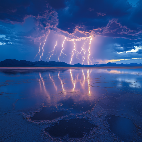 Lightning Storm Over Reflective Salt Flats