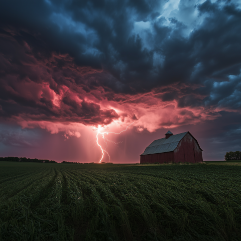 Lightning Strikes Behind Red Barn at Dusk