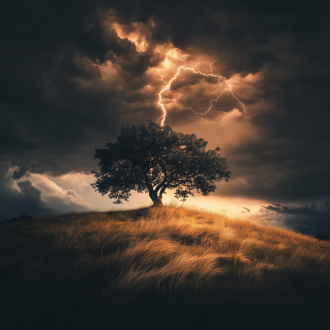 Lightning Strikes Lone Tree on Hilltop