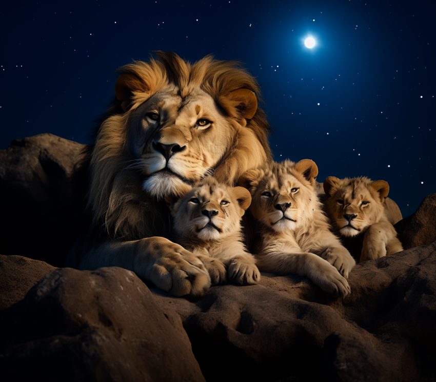 Lion Family under Starry Sky