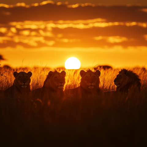 Lions Resting in Grass at Sunset
