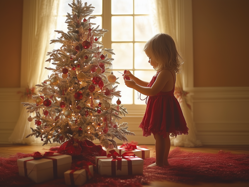 Little Girl Decorating Christmas Tree