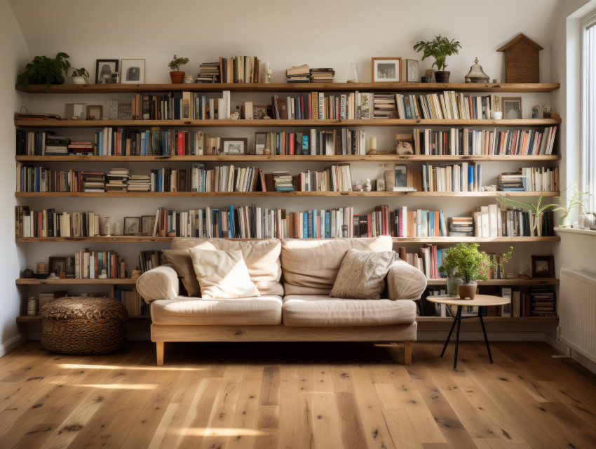 Living room background with bookshelf library
