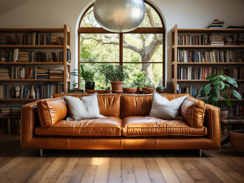 Living room background with bookshelf library