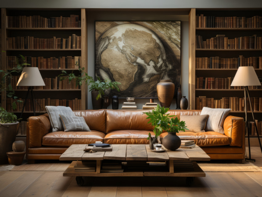Living room background with bookshelf library