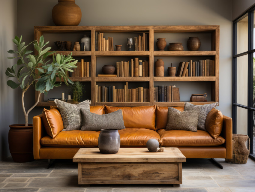 Living room background with bookshelf library