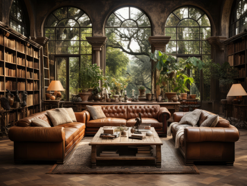 Living room background with bookshelf library