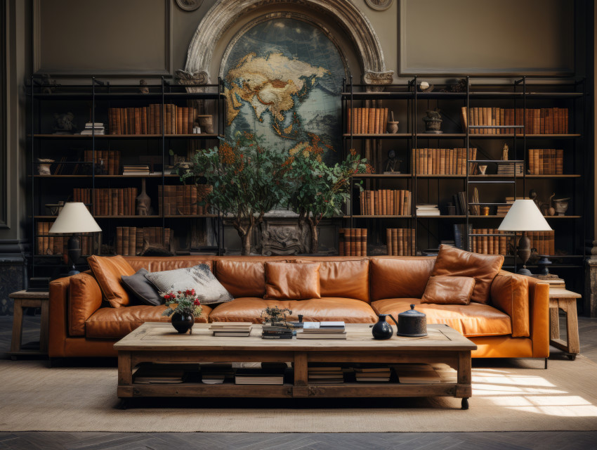 Living room background with bookshelf library