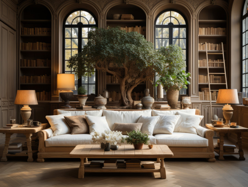 Living room background with bookshelf library